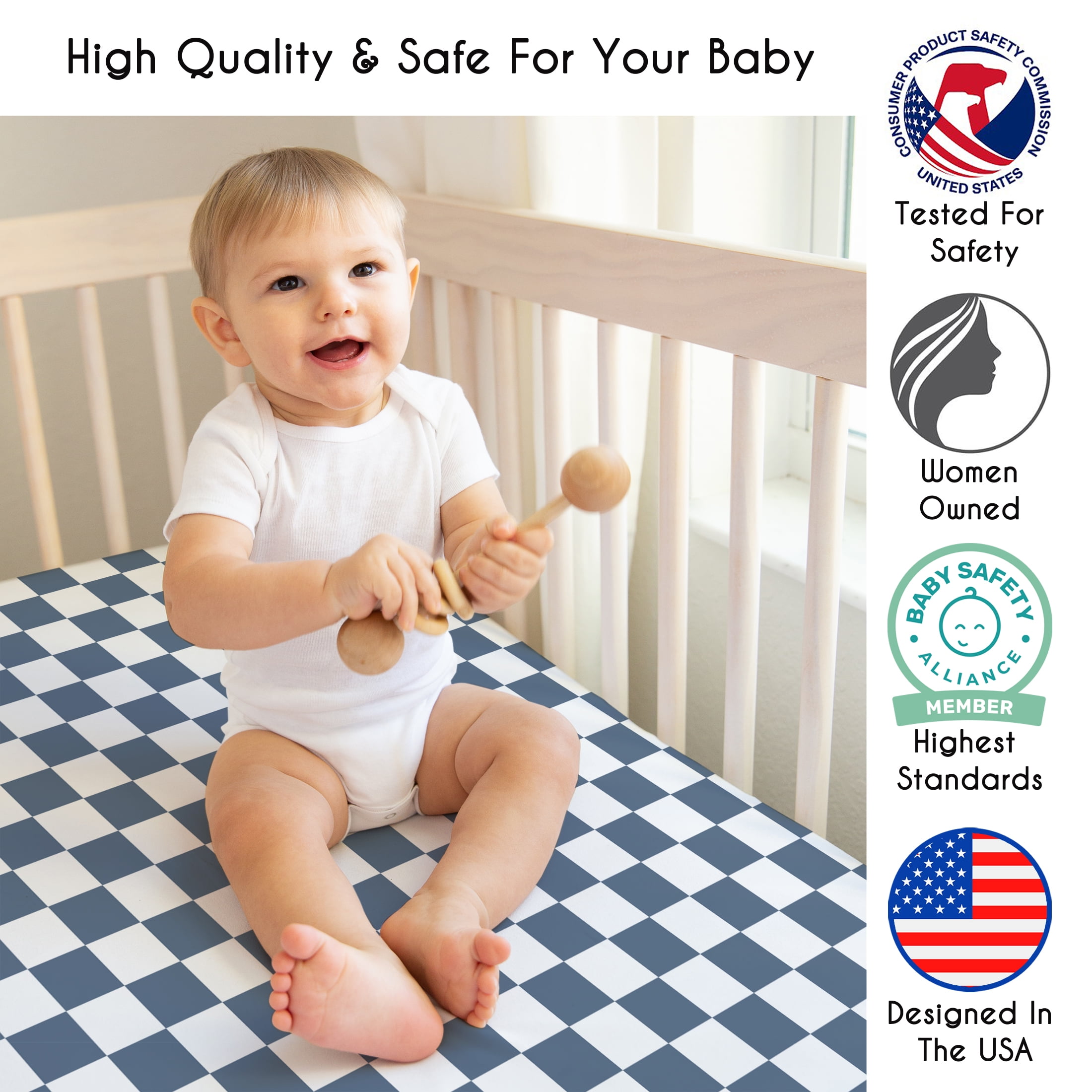 Sweet Jojo Designs Blue Gingham Checkered Plaid Boy Fitted Crib Sheets Set 2 Piece