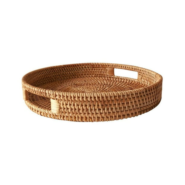 Kaboer Round Rattan Woven Serving Tray With Handles Ottoman For Breakfast Drinks Snack Coffee Table Com Kaboer Round Rattan Woven Serving Tray, Round Rattan Coffee Table Tray