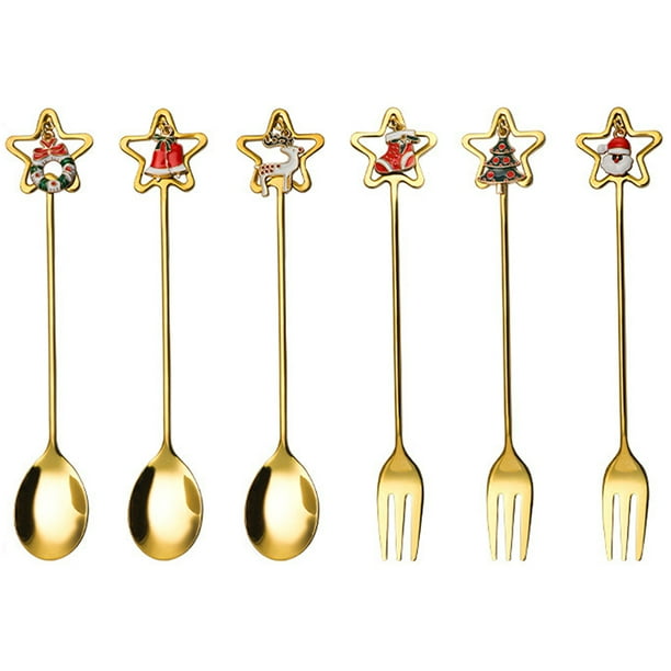 1 Juego de cucharas de Navidad, tenedores, cuchara de acero inoxidable, tenedor, tenedor de postre, cuchara, cubiertos de Navidad
