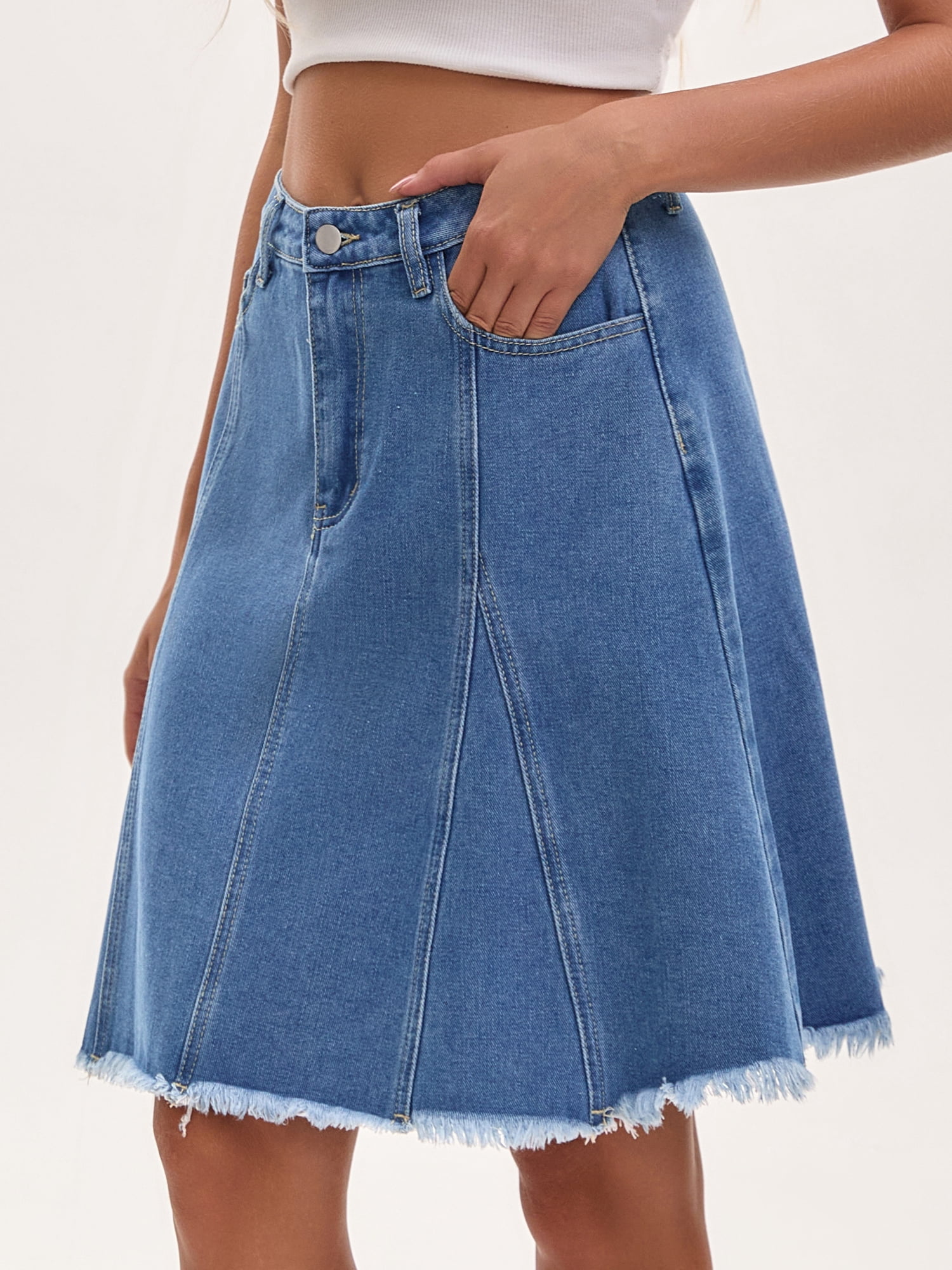 DARING DIVA Women's Denim A Line Flared Raw Hem Jean Skirts Small Blue