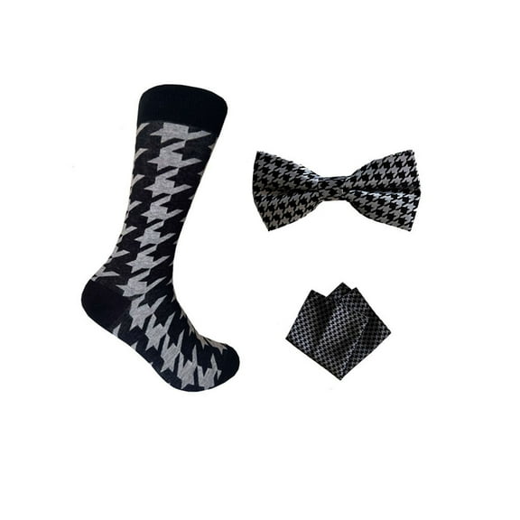 Triple M Plus Novelty Houndstooth Pattern Socks with Bowtie and Pocket Square Set In Black with Gray Color