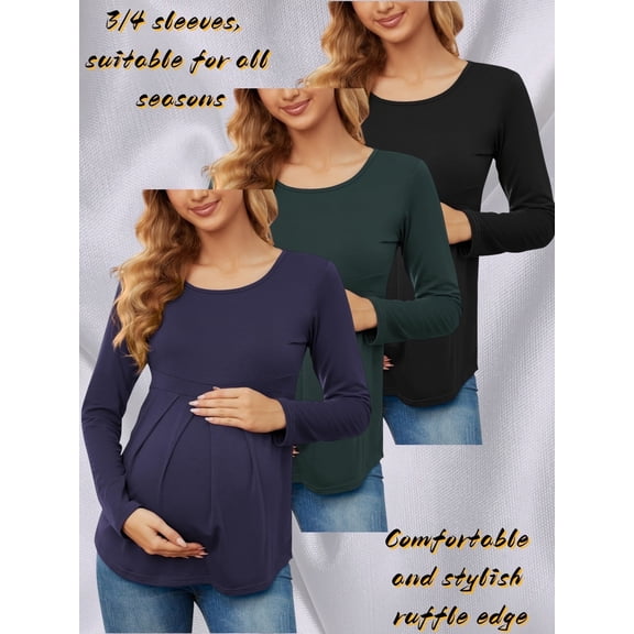 Yawrut 3 Pieces Ladies Maternity Ruffled Pleated Stretch Slim Comfortable Long Sleeve Top