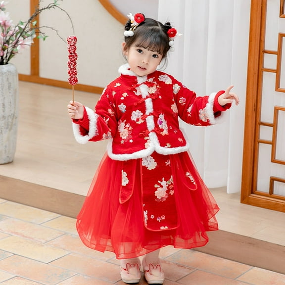 Toddler Kids Baby Children Fairy Hanfu Dresses for Chinese New Year Lined Warm Princess Dresses Embroidery Tang Suit with Bag Performance