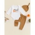 thumbnail image 4 of Elippeo Baby Boy Halloween Outfit 3 6 12 Months Ghost Print Long Sleeve Round Neck Romper with Solid Pants and Hat 3 Pcs Set, 4 of 9