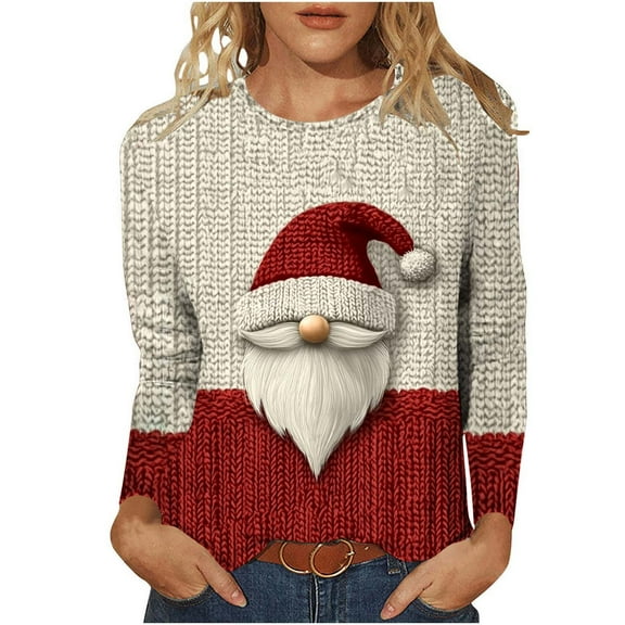asdoklhq Long Sleeve Tops Christmas Christmas Women's Fashion Tees Casual Round Neck Loose T Shirt Long Sleeve Christmas Print Shirt Multicolor L