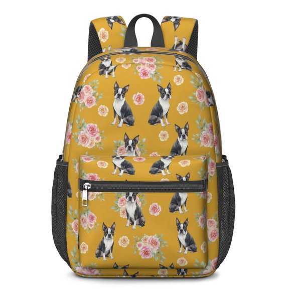 Boston Terrier and Rose Orange Pattern 17" Waterproof Oxford School Backpacks for Teens, S-Shape Padded Straps, for School, Travel, Hiking, Camping