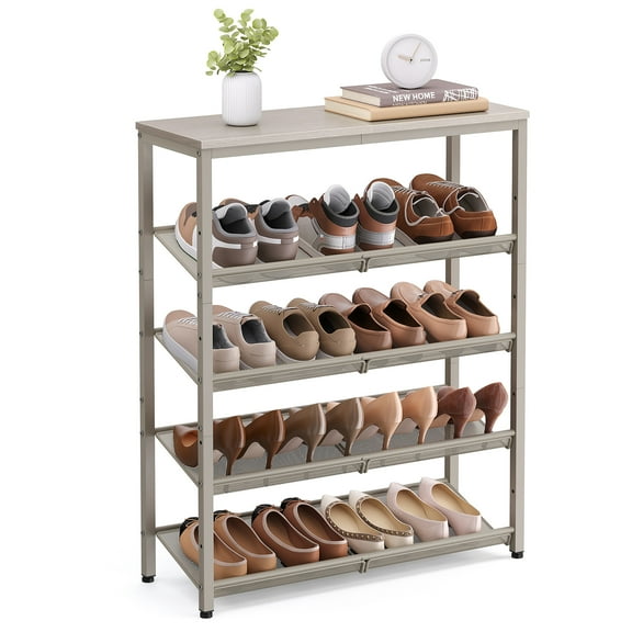 Shoe Rack, 5-Tier Shoe Rack Organizer for Closet Entryway with Storage Shelves and Top, Freestanding, Steel, Cappuccino Beige and Oatmeal Beige
