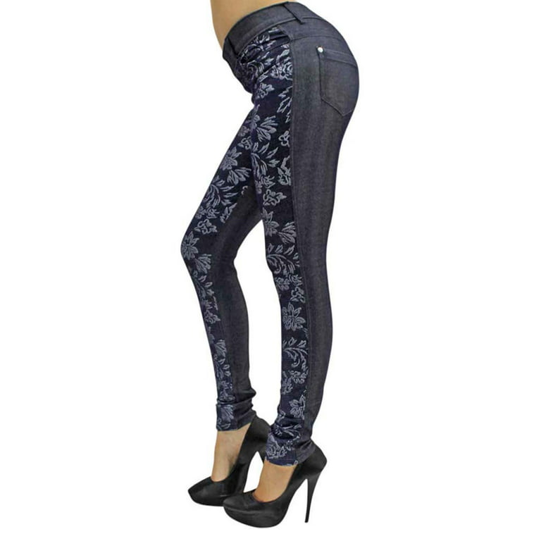 Navy Blue Floral Stretch Jeggings With Pockets Size Small/Medium 