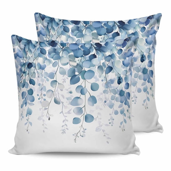 Teal Blue Eucalyptus Leaves 16x16 Pillow Covers Set of 2, Spring Farmhouse Botanical Throw Pillow Covers Decorative Couch Cushion Case, Microfiber Square Pillowcases for Bedroom Car Living Room