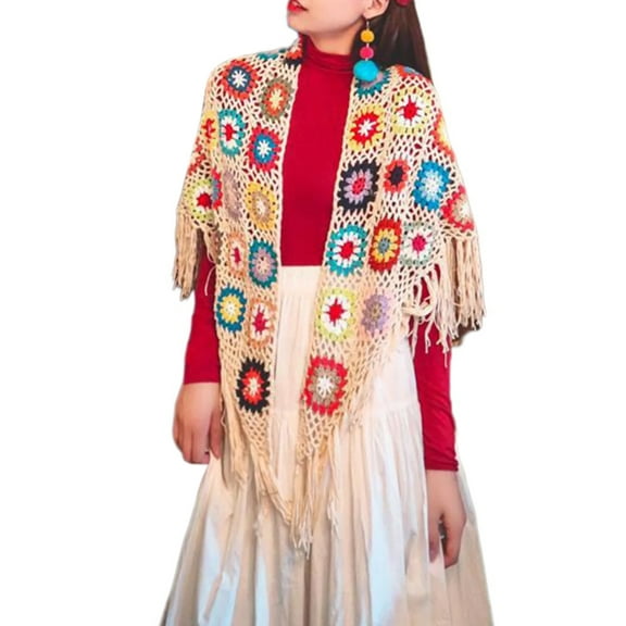 Elegant Knitted Shawl Ethnic Fringed Cape Shawl Shoulder Wrap for Women