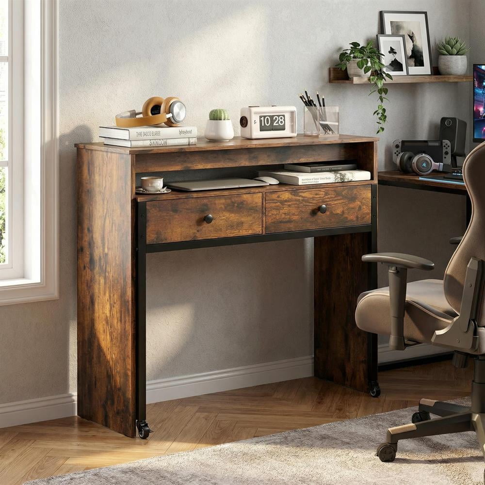 Topcobee Extendable Computer Desk with 2 Storage Drawers Convertible Home Office Rolling Study Writing Desk, Modern Furniture for Home Office-Rustic Brown