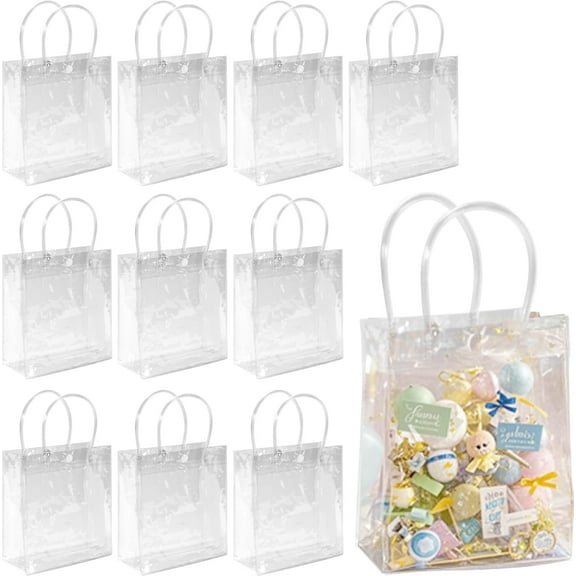 BZUEPRS 10Pcs Clear PVC Gift Bags with Handles PVC Party Favor Bags Transparent Party Favour Plastic Gift Bags 5.9X6.3 inches Clear Mini Tote Goodie Bag Bulk Plastic Bags with Handles for Gifts