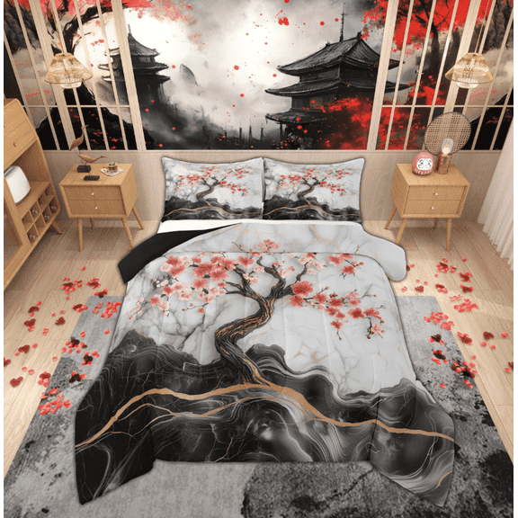 Manfei Cherry Blossoms Comforter Sets King Size, Marble Abstract Comforters & Duvets, Modern Fashion Reversible Bedding King Comforter Set, Breathable Room Decoration, 3pcs