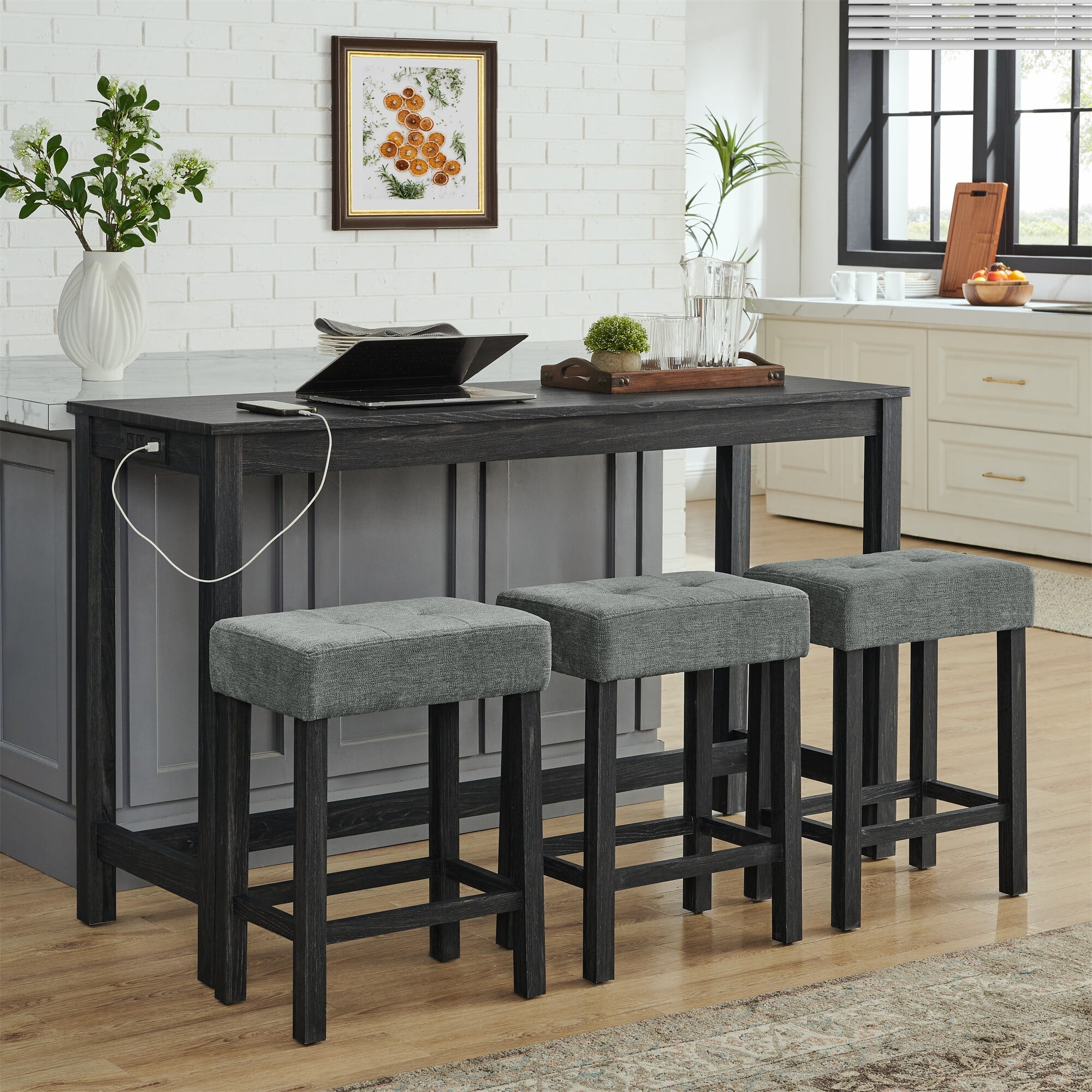 DEALTOPS 4-Piece Bar Table Set with Charging Station, 59" Counter Table with 3 Soft Stools for Small Space, Black