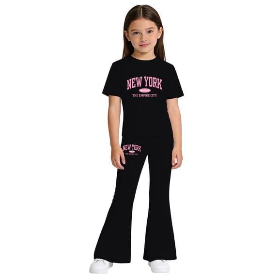 HOWPAY Girls Outfits 2 Piece Loose Fit Short Sleeve Crew Neck T-Shirt and Elastic Waist Flare Pants Tracksuit Letter Print Summer Clothes Set Black