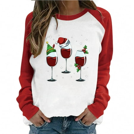 

jsaierl Women s Casual Round Neck Raglan Color Matching Christmas Wine Cup Long Sleeve T-Shirt Top Long Sleeve Patchwork
