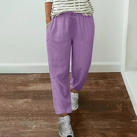 Jjayotai Womens Pants Clearance Women s Spring Solid Color Lace-Up Cotton Linen Versatile Straight Leg Pants  Womens Casual Pants  Linen Pants Women  Summer Pants for Women Purple~ XL