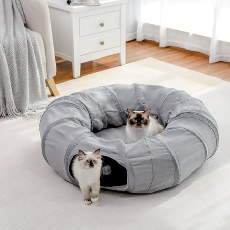 PAWZRoad Cat Tunnel with Soft Cushion 2-in-1 Collapsible Hideaway Round Shape,Gray