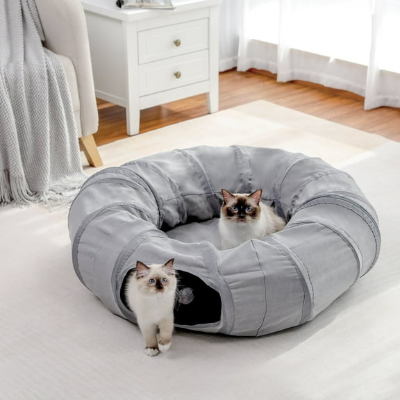 PAWZRoad Cat Tunnel with Soft Cushion 2-in-1 Collapsible Hideaway Round Shape,Gray