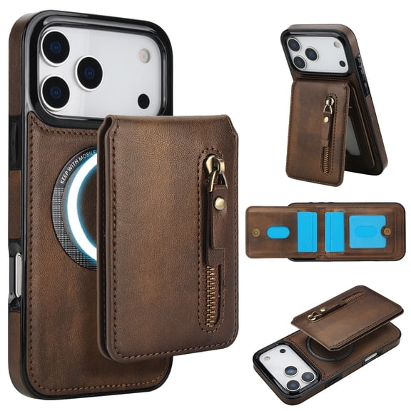 Magnetic Detachable Wallet Case For iPhone 17 Pro, 2-in-1 Premium PU Leather Cover with Zipper Pocket Back Flip Card Holder Stand,Compatible with MagSafe Wireless Charging,Brown