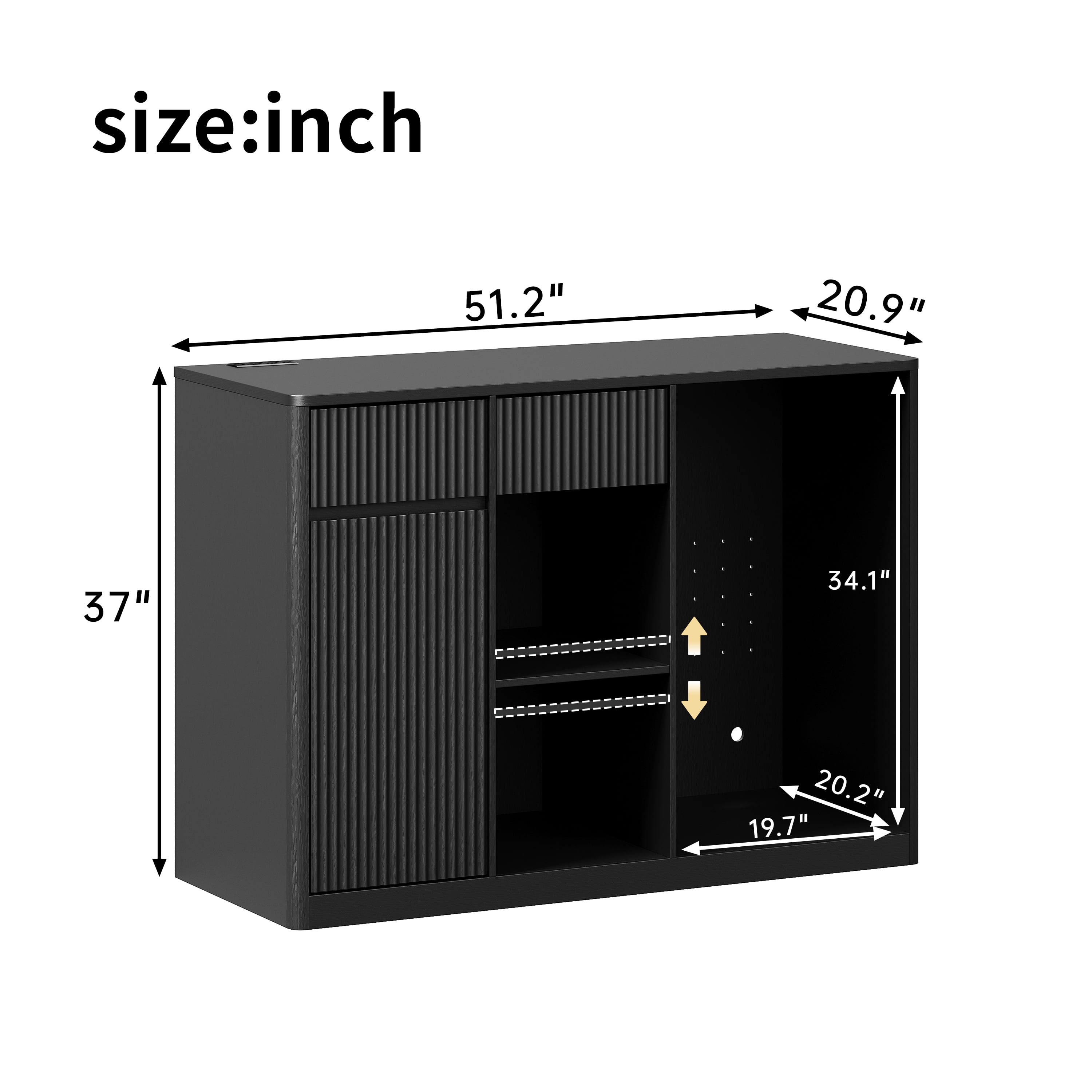 56.69 in Modern Fluted Bar Cabinet with Fridge Compartment, Adjustable Shelves & Built-in Power Outlets, Black