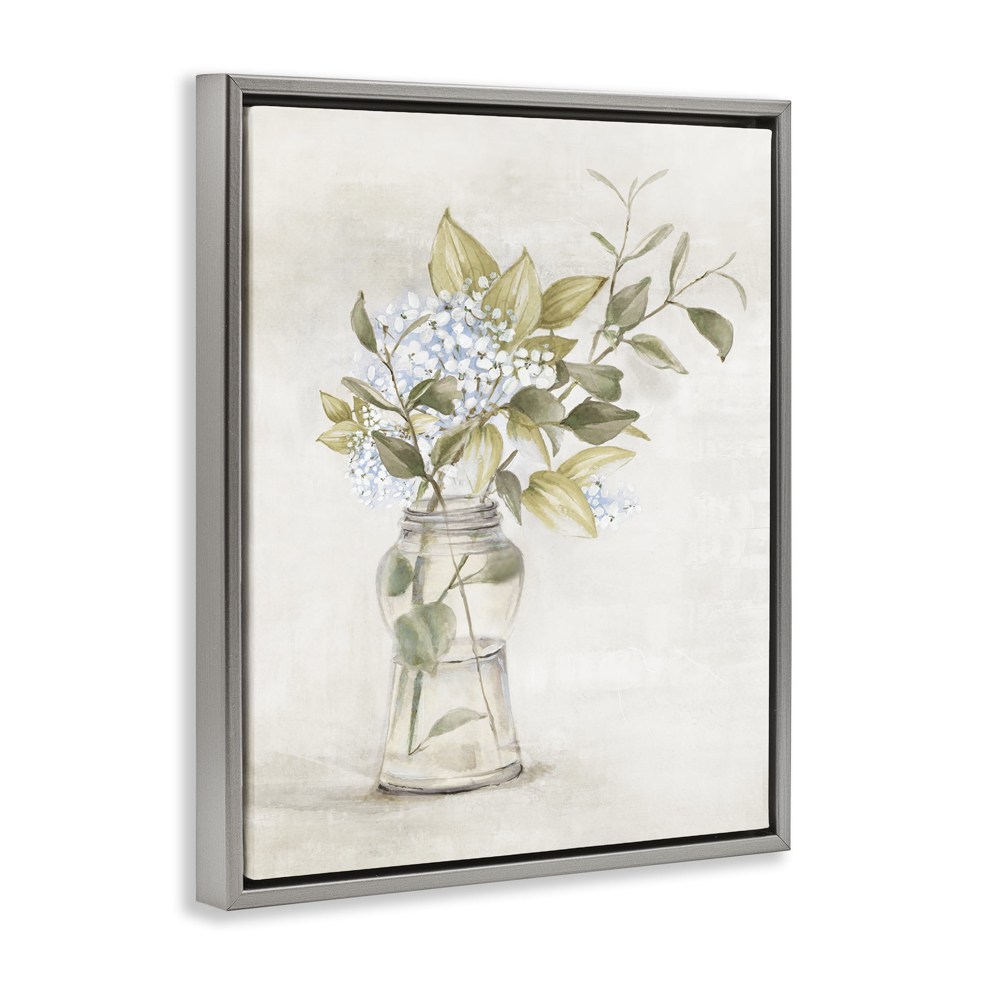 Stupell Industries Soft Cottage Blooms Vase Plants & Flowers Painting Gray Floater Framed Canvas Art Print Wall Art, 25 x 31
