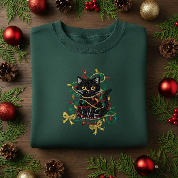 Embroidered Black Cat Christmas Sweater, Tangle of Lights Holiday Crewneck, Cat Lover Xmas Gift, Funny Feline Christmas Shirt, Pet Jumper