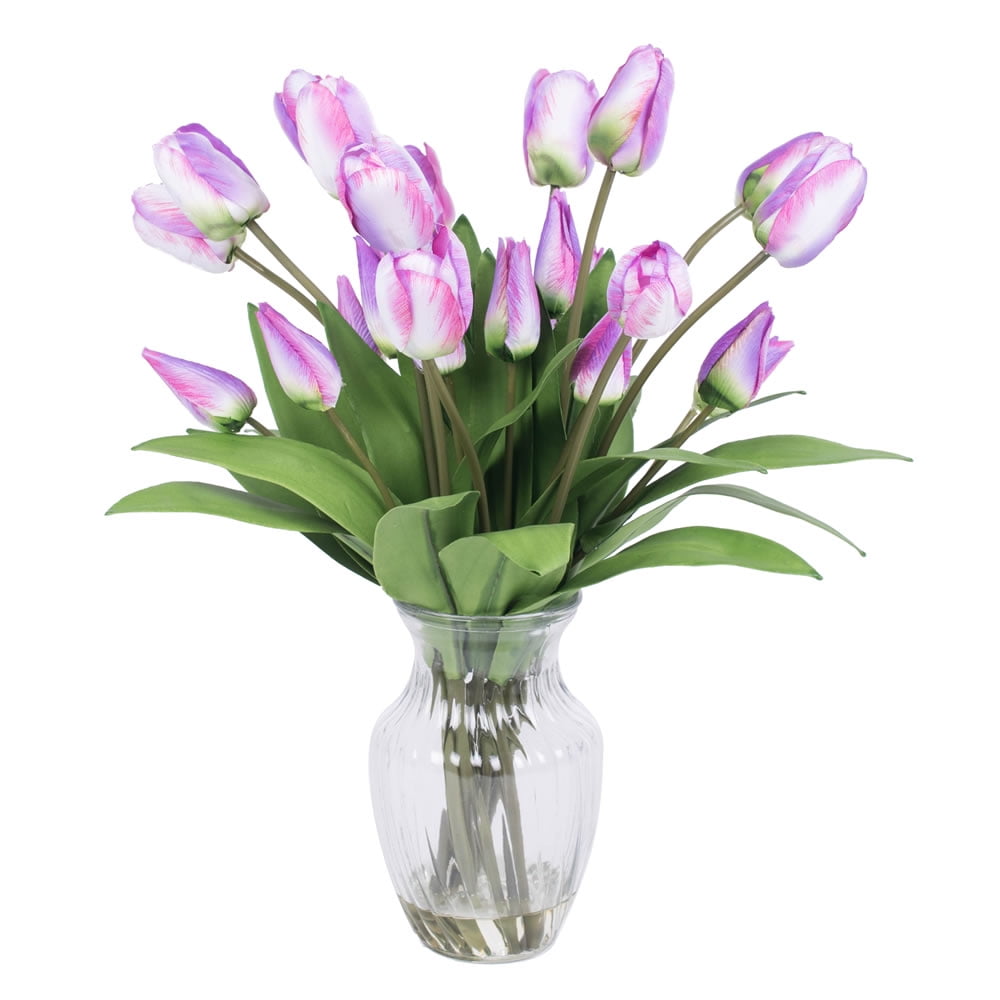 Vickerman 21" Tulip Arrangement with 24 Purple Tulips Arranged in Glass