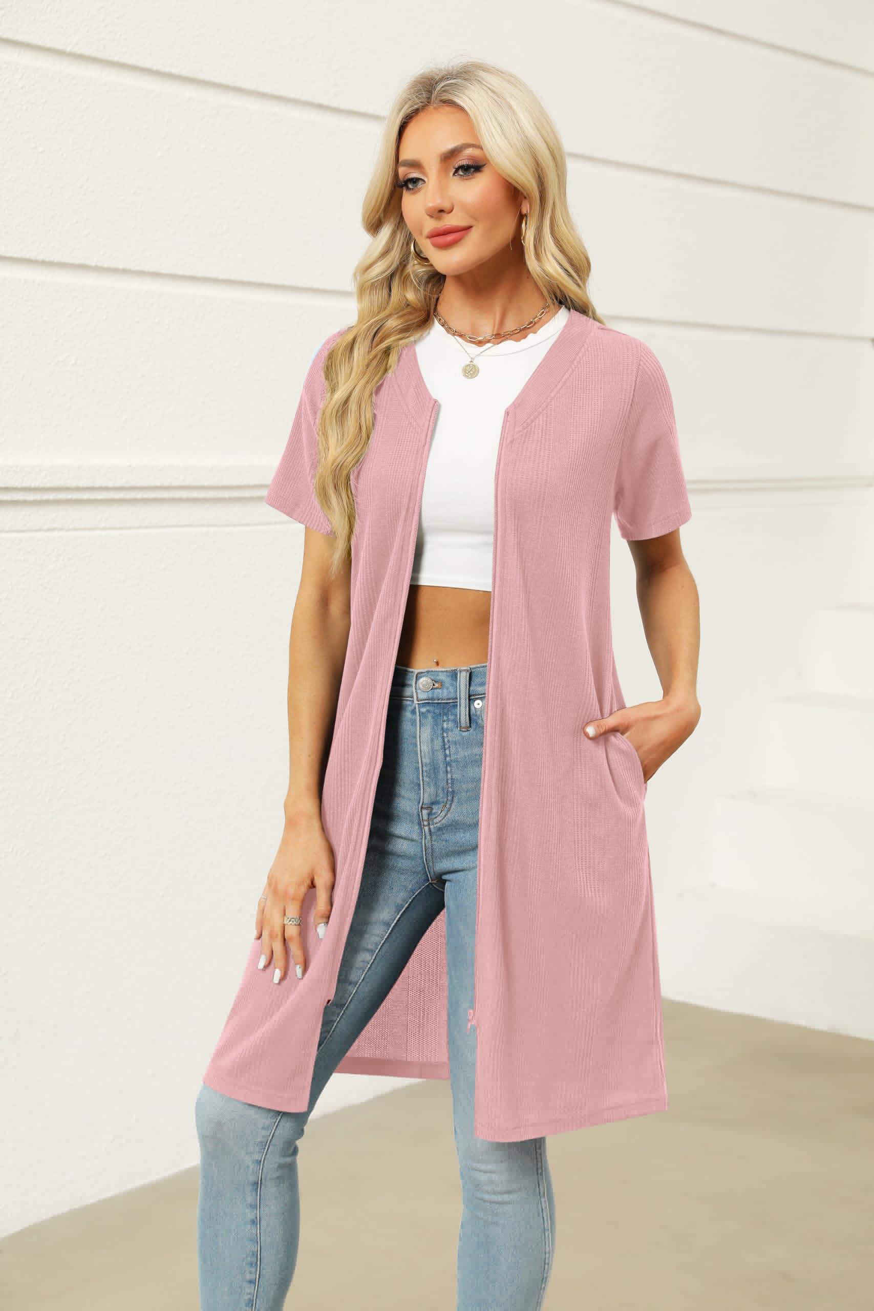 thumbnail image 5 of Ekouaer Women Zipper Robes Waffle Short Bathrobe Lightweight House Coat with Pockets Soft Nightgown, 5 of 6