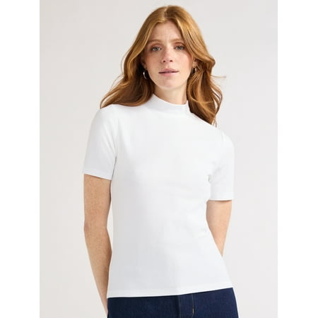 Free Assembly Women's Ribbed Mock Neck Top with Short Sleeves, Sizes XS-XXL