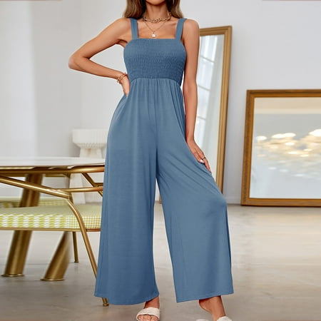 

Dasayo Blue Flare Jumpsuits for Women Jumpsuits for Women Sleeveless High Waisted Solid Color Elastic Bust Straight Pants Romper Pants