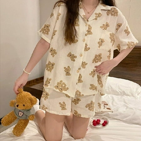 

CoCopeaunt Korean Pajama Mujer Strawberry Print Cotton Yarn Sleepwear Set Short Sleeve Top+Shorts Ruffle Homewear Skin-Friendly Breathable