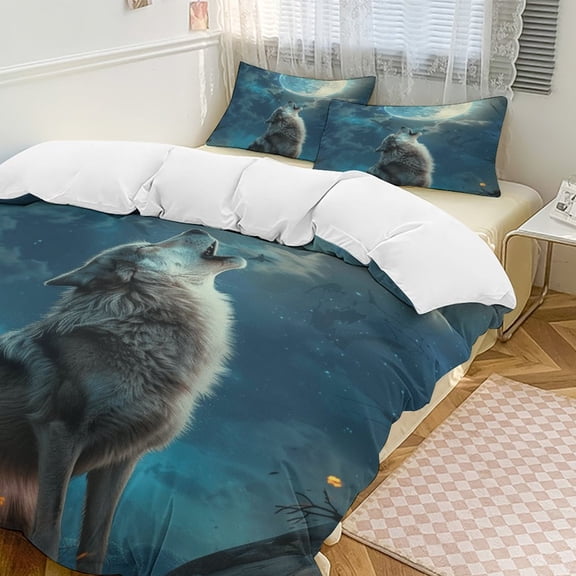 Wolves in The Moonlight Duvet Cover Set King Size for Bedroom Decoration Print Bedding Set Comforter Cover Decorative Microfiber with 2 Pillow Sham Multicolor