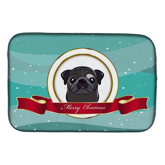 Black Pug Merry Christmas Dish Drying Mat