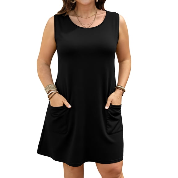 LANREMON Womens Dress Summer Plus Size Sundresses for Women Black Scoop Neck Loose Fit Sleeveless Dresses with Pockets 3XL