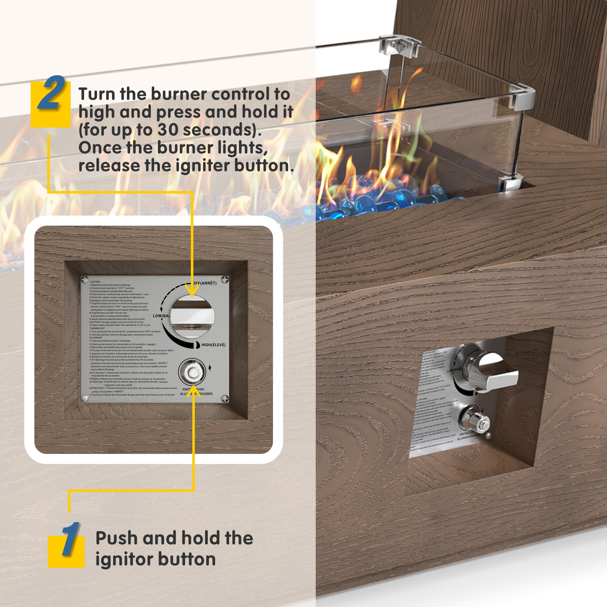 42 in. Retangular Coating Steel Propane Firepit Table, 50,000 BTU Outdoor Fire Pit Table in Dark brown Wood Grain