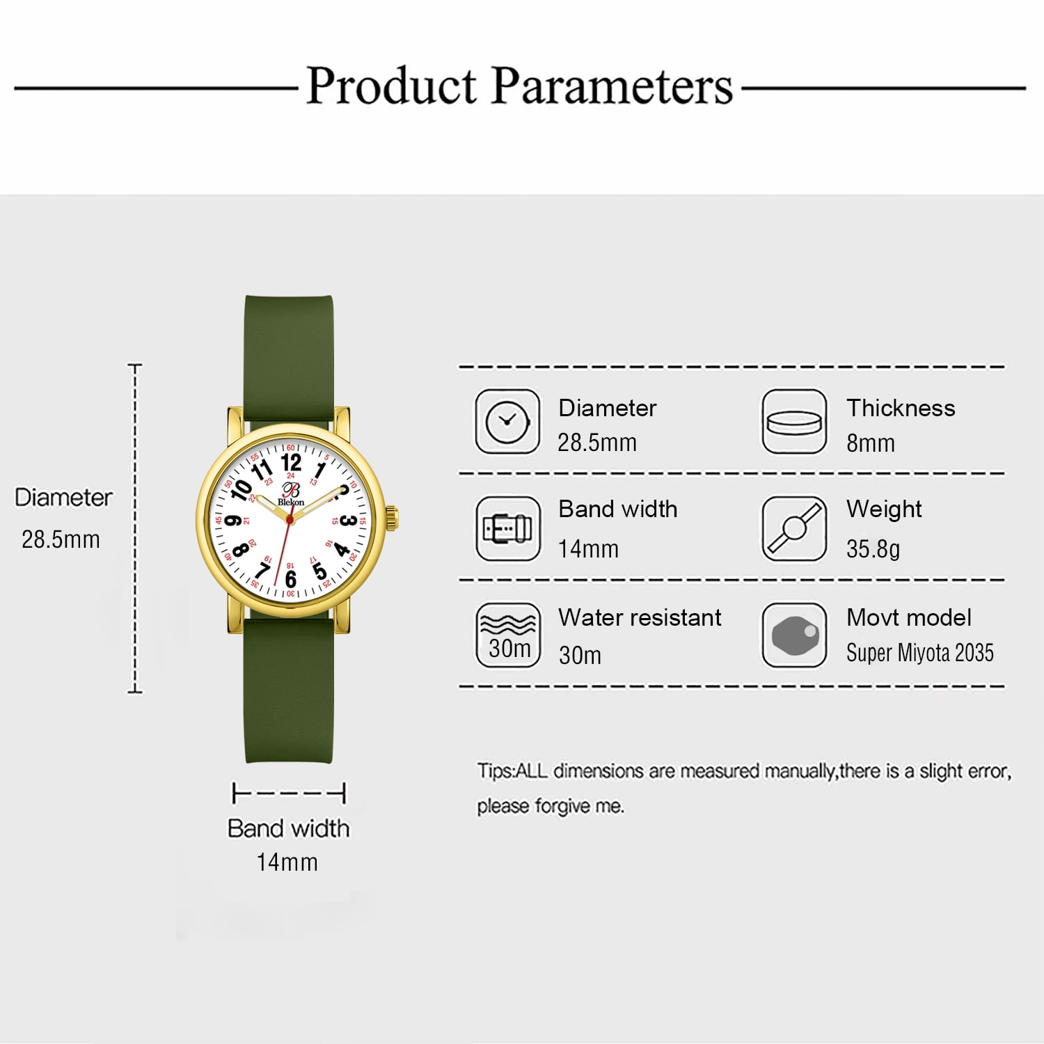 Blekon Original Petite Nurse Watch Small Easy Read Round Shape Dial Silicone Band Water Resistant