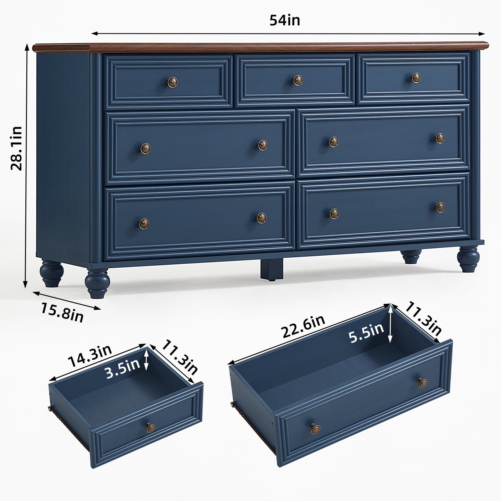 LELELINKY 7 Drawers Dresser for Bedroom, Farmhouse Chest of Drawer with Metal pull Handle, Wood Storage Cabine for Living Room, Hallway and Bedroom, Blue