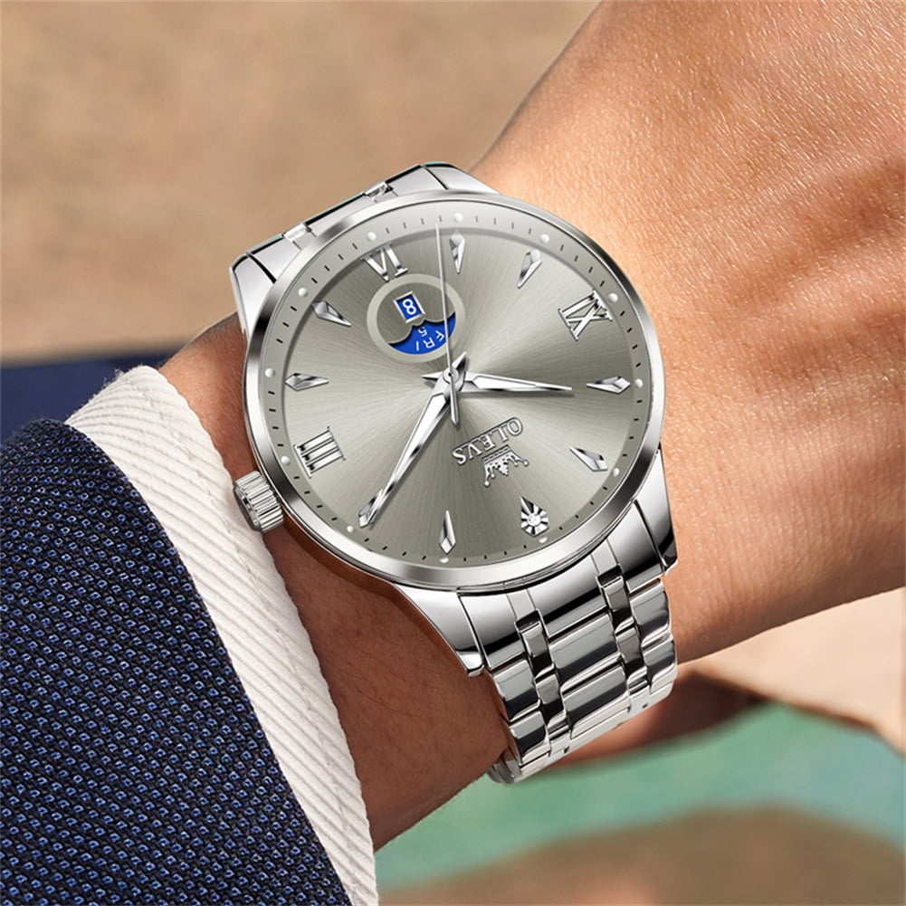 OLEVS Watches for Men Business Dress Casual Analog Quartz Stainless Steel Waterproof Luminous Men Wrist Watches Reloj Para Hombre Gray Dial