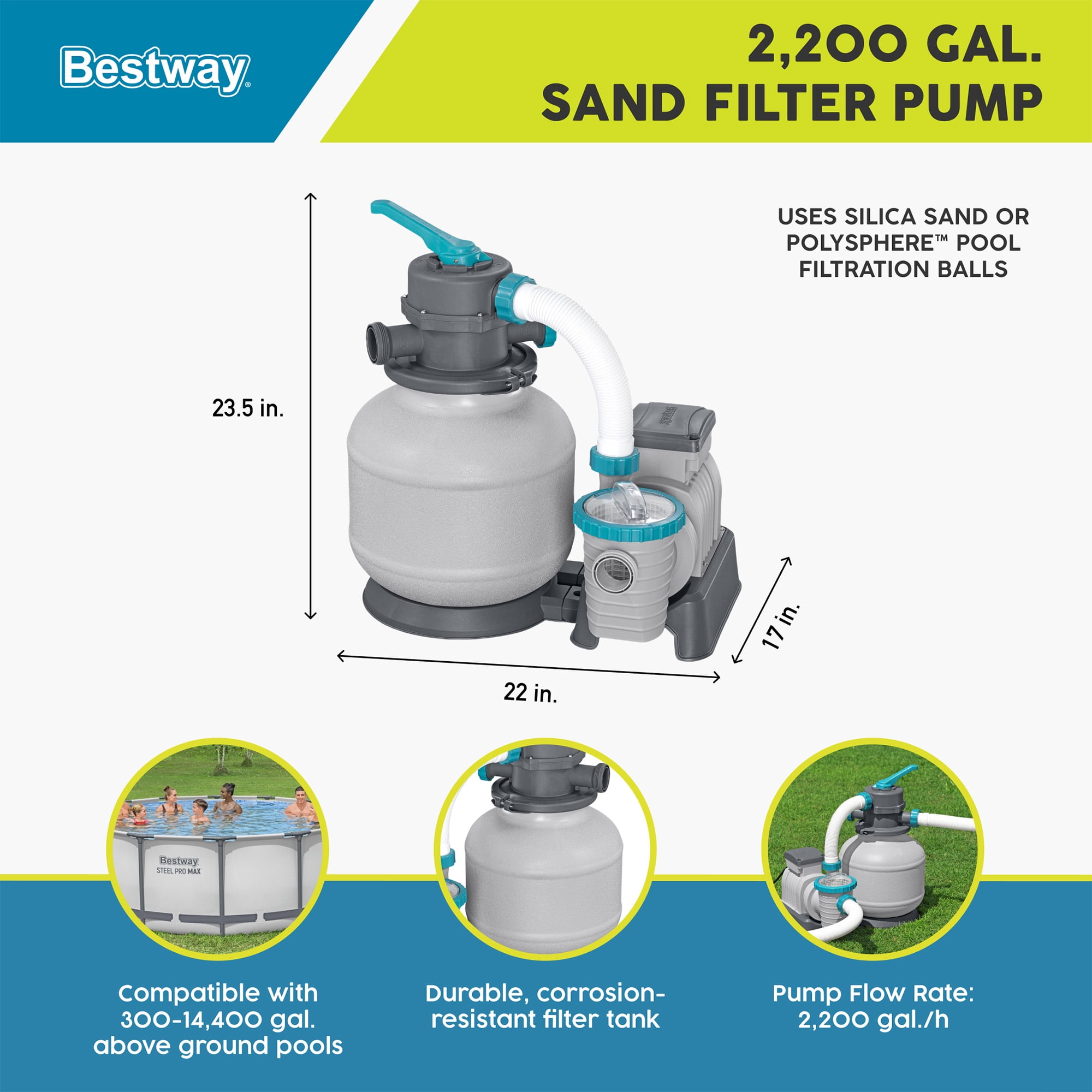 Bestway 2,200 Gallon Sand Filter Pump for Above Swimming Ground Pools up to 14,400 Gallons
