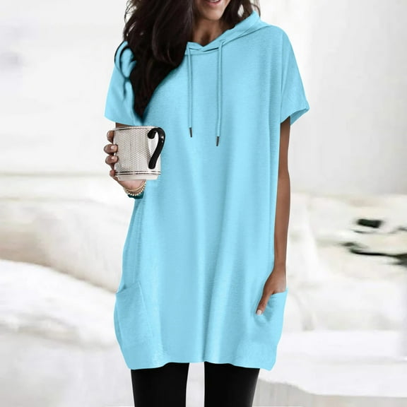 TYGHBN Women Summer Casual Fashion Short Sleeve Soild Color Hooded Long Double Pocket TShirt Top Women Thin Long Sleeve Shirt Casual Raglan Tee Women Running Shirt Long Sleeve Tall Women's Shirts