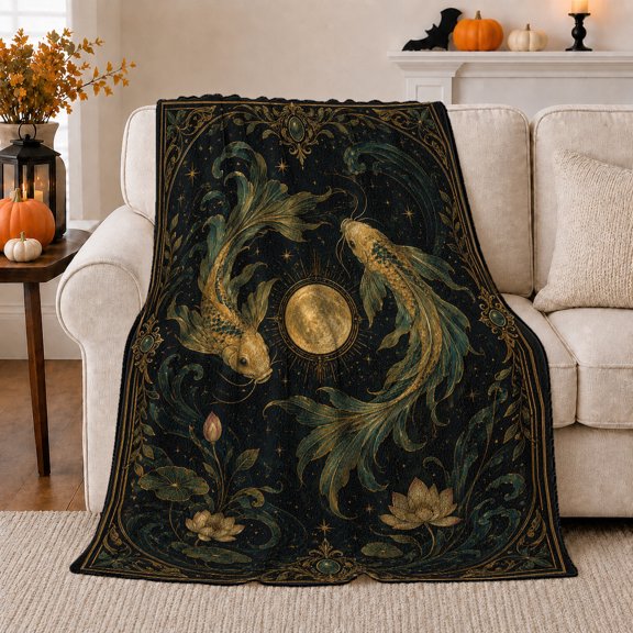 Mystical Golden Koi Moon Celestial Design Deep Teal, Cozy Friendship Quote Scene, Warm Flannel Blanket for Living Room and Reading Nook, Art Lovers Friendship Gift, Fantasy Home Decor