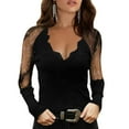 thumbnail image 4 of DuoJiaJ Ladies New Slim Elastic V-neck Printed Lace Sexy Long Sleeve Top Women’s Tank Tops Black, 4 of 4