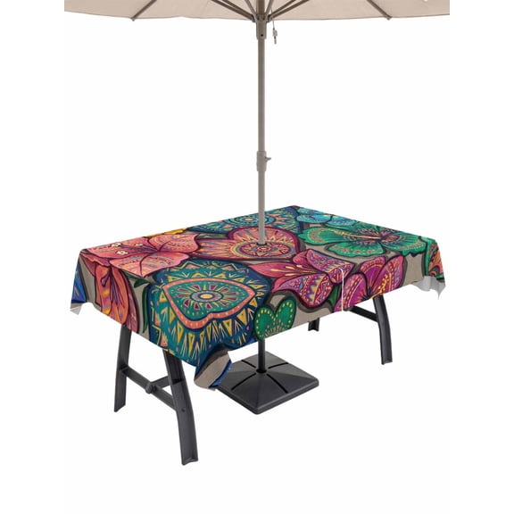 Outdoor Tablecloth with Umbrella Hole and Zipper, Colorful Abstract Floral Rectangle Table Cloth 52x70 Inch Waterproof Tablecloth, Farmhouse Vintage Flowers Boho Picnic Table Cover for Patio Camping