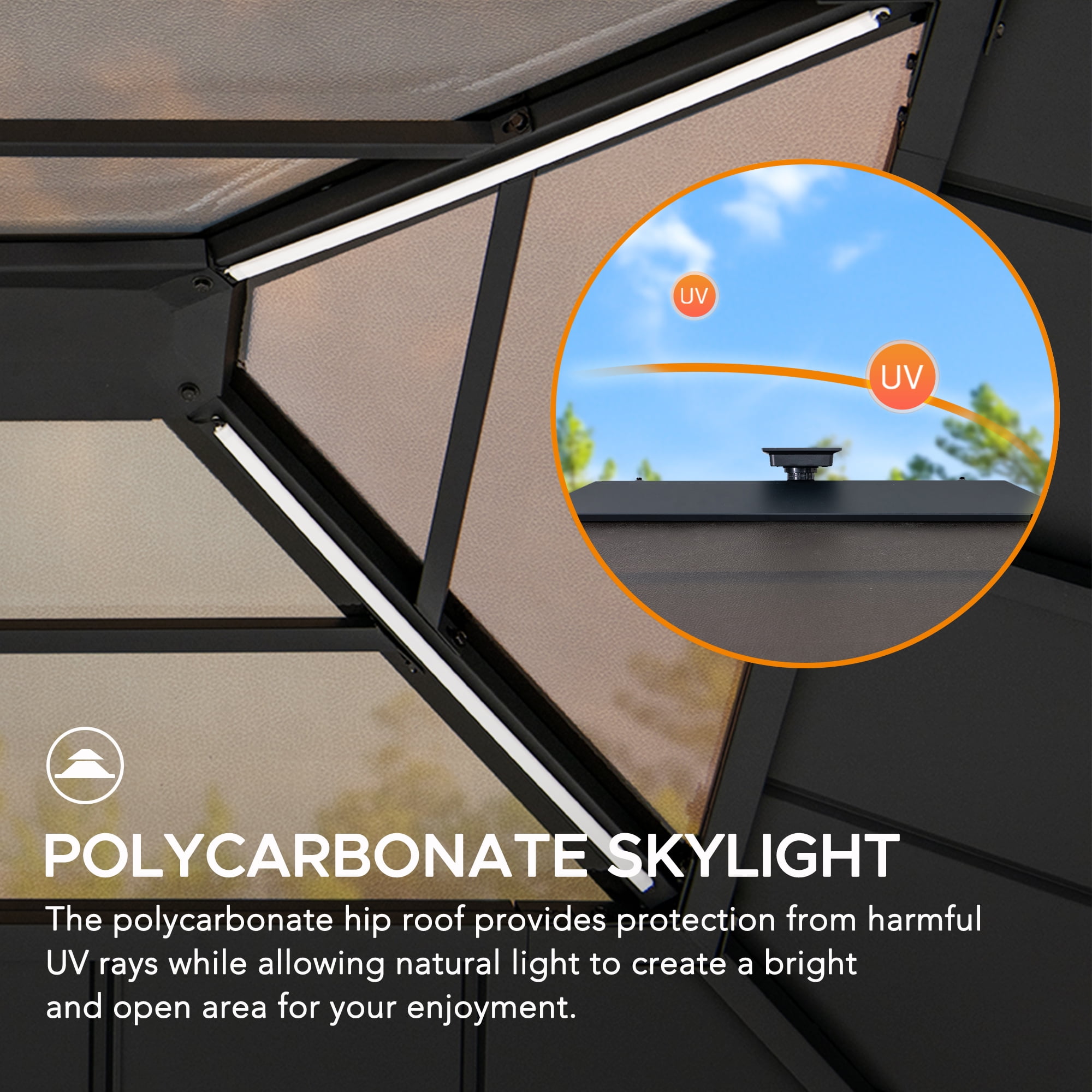 Sunjoy 11’ x 13’ Grayden Wood Gazebo , Outdoor Patio Solar Powered Hardtop Gazebo with One-Tier Metal Roof, LED Light and Ceiling Hook