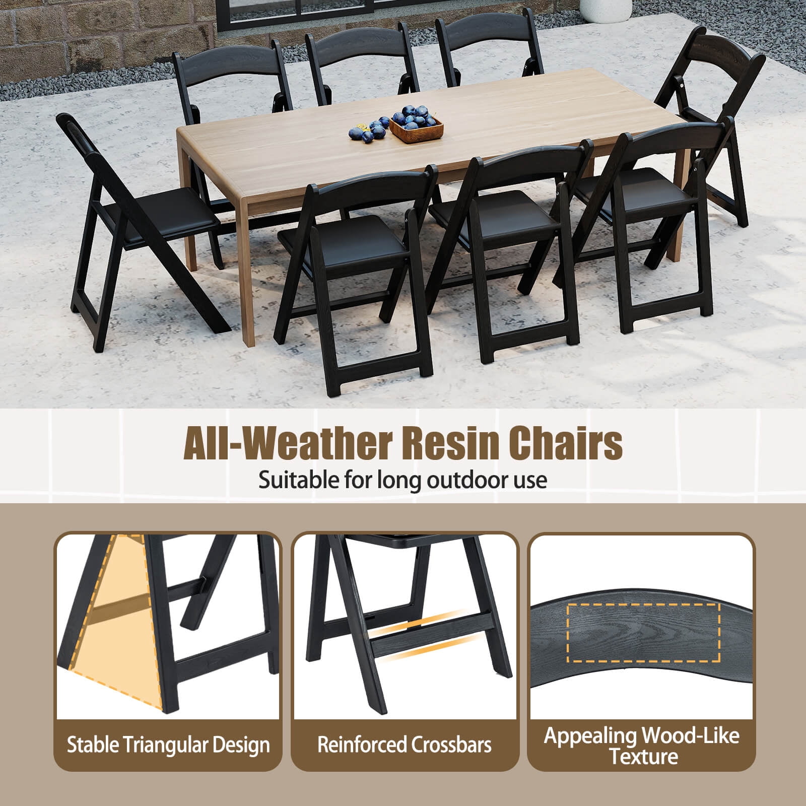Costway 20 Pack Resin Folding Chairs with Padded Seat All-Weather Resin Frame Patio Black