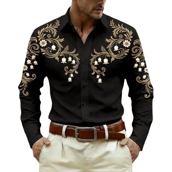 CONZONE Mens Western Cowboy Buttons Down Shirts Long Sleeve Shirts for Men Trendy Graphic Lapel Soft Lightweight Tops