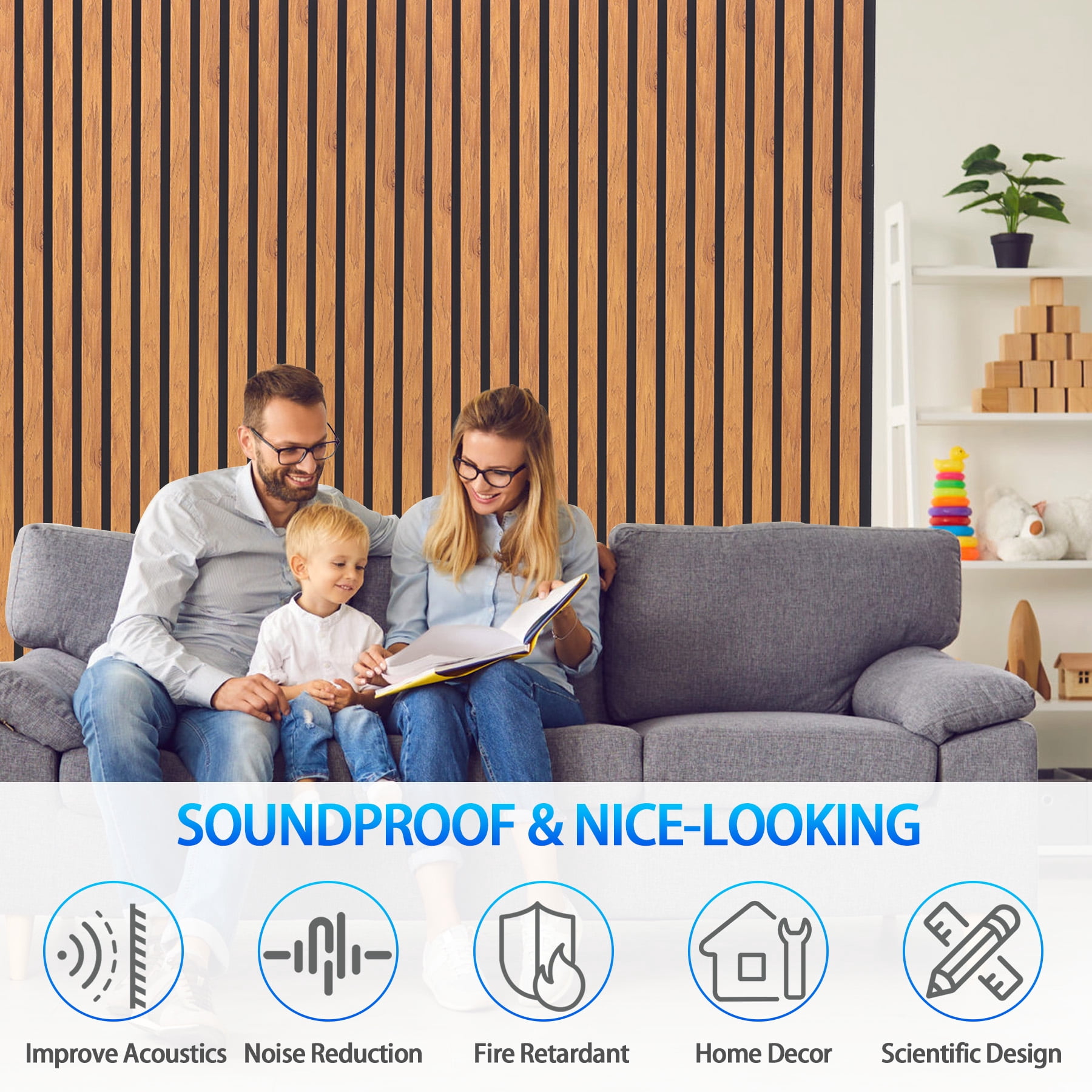 3D Slat Acoustic Wall Panels with Wood Finish Accent, 4 Pack Sound Absorbing Paneling for Studio, Office, Living Room, Bedroom Interior Decor (Natural Walnut, 48''L x 24''W)