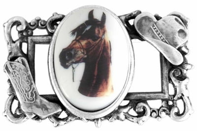 Sterling Silver Plated Cowboy Hat & Boot "Frame" & Bay Colored Horse Oval Picture Pin by