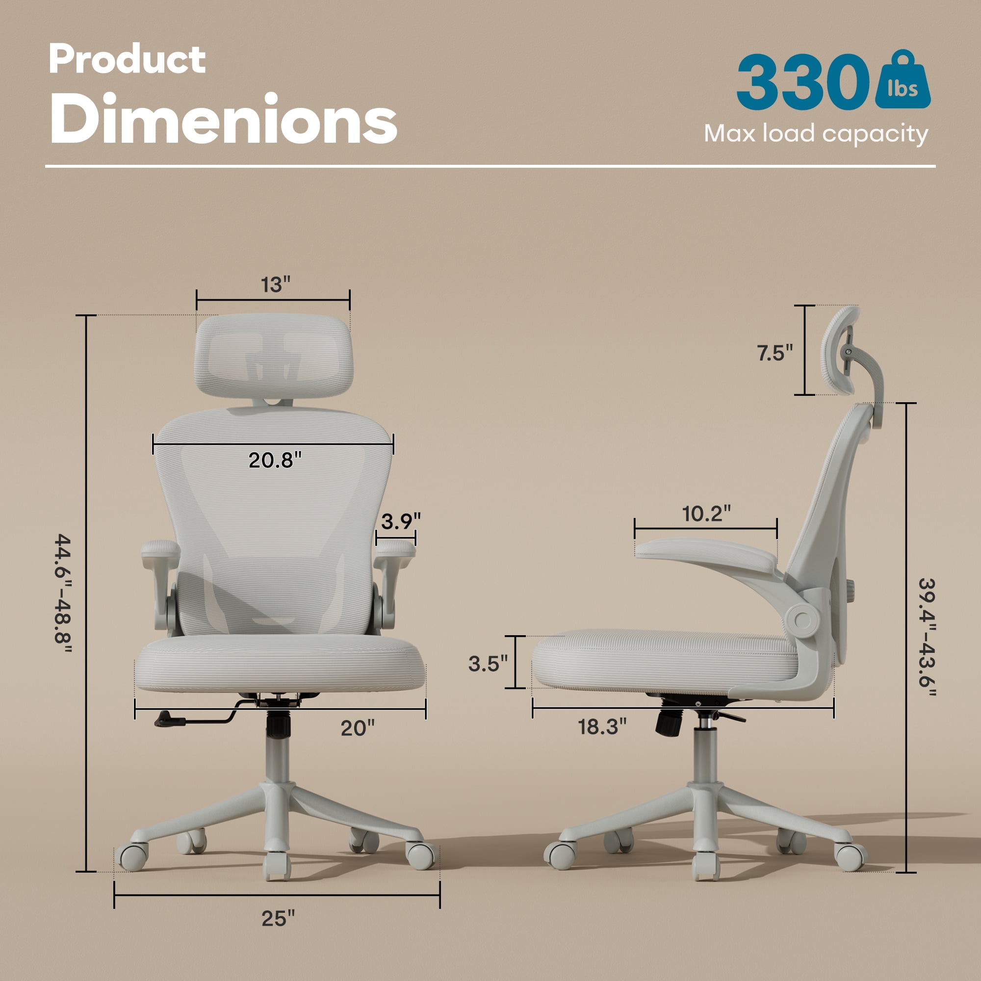 iooHug Ergonomic Mesh Office Chair with Adjustable Lumbar Support, Computer Desk Chair with Headrest, Flip-Up Arms,  Gray